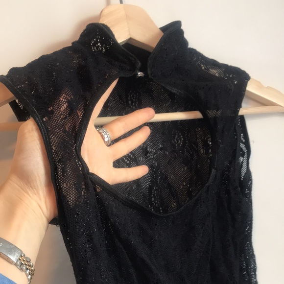 Black lace bodysuit. Size Small to Medium. Height neck. High cut thigh. EUC - Picture 3 of 8